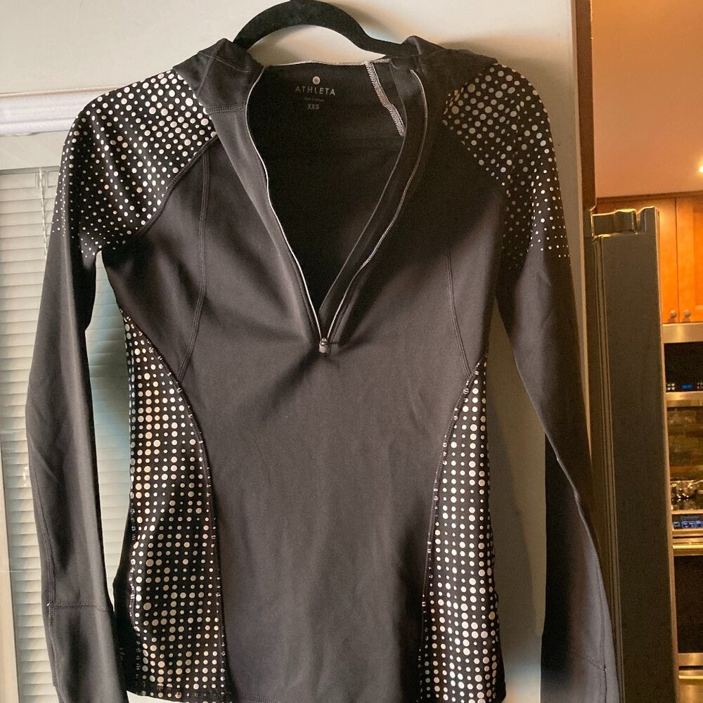 Athleta Quarter Zip Pullover Mock Neck Black Polka Dot Running Jacket Size XXS